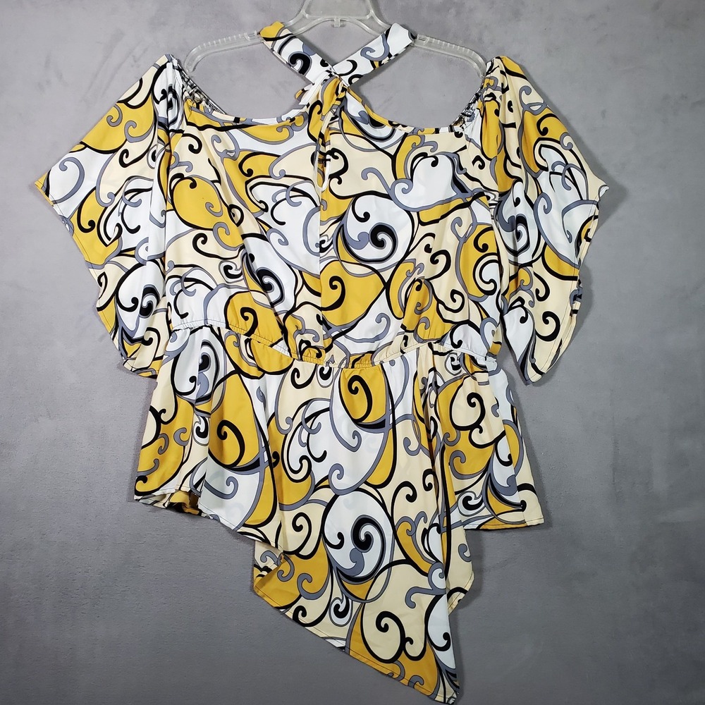Ashley Stewart Top Women 22/24 Yellow Abstract Halter Asymmetrical Hem Artsy NEW